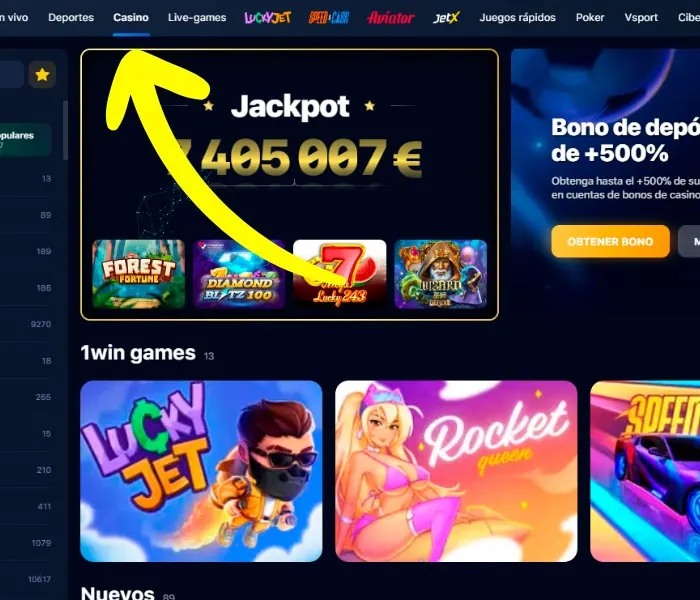 Abra la sección de casino 1win