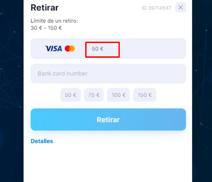 Establecer la cantidad de dinero a retirar 1win
