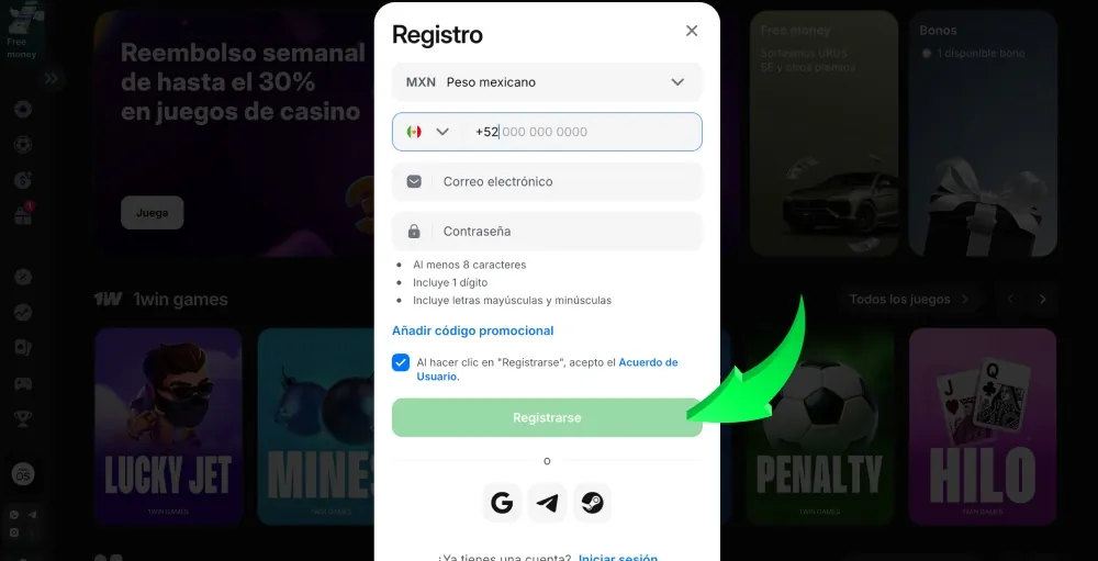 Completar el registro en 1Win